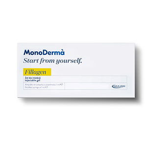 <b>Fillagen, Monoderma</b><br>Dystrybutor: AntiAging Institute Sp. z o.o. <br><br> Uzupełnia niedobór kwasu hialuronowego, daje efekt lekkiego liftingu. Wypełnia niewielkie blizny, chroni przed stresem oksydacyjnym. Skład: Połączenie 4 składników: kolagenu rekombinowanego, kwasu hialuronowego, polipeptydów (matrykin) i karboksymetylocelulozy. Biostymulator zawierający czysty kolagen w optymalnej formie rekombinowanego kolagenu z jedwabników.
