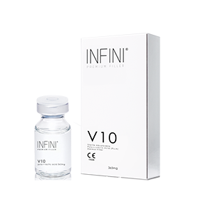 <b>V10 Infini Premium Filler</b><br> Dystrybutor: Infini Polska <br><br>  Przeznaczenie: Stymulator odbudowujący objętość z kwasem poli-L-mlekowym, teraz wzbogacony o zaawansowaną formułę. Jego głównym celem jest skuteczne liftingowanie skóry oraz korygowanie różnorodnych defektów skórnych, takich jak zmarszczki, bruzdy, blizny, zanik tkanki tłuszczowej i utrata elastyczności.  Skład: Kwas poli-L-mlekowy (150 mg), karboksymetyloceluloza (90 mg), mannitol (125 mg).