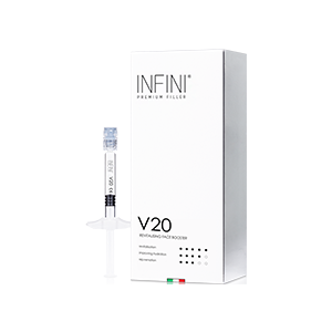 <b>V20 Infini Premium Filler</b><br> Dystrybutor: Infini Polska <br><br>  Przeznaczenie: Dzięki zaawansowanym technologiom produkt zapobiega efektom głównych czynników starzenia się skóry przez jej intensywną stymulację i regenerację. Jego unikatowa struktura odbudowuje macierz pozakomórkową, która zapewnia idealne środowisko do biosyntezy nowych włókien kolagenu i elastyny. Produkt poprawia elastyczność skóry, pomaga w redukcji zmarszczek, długotrwale nawilża, zwiększa jędrność skóry oraz poprawia jej regenerację, opóźnia oznaki starzenia. Skład: 40 mg kwasu hialuronowego o masie 1200-1500 kDa.