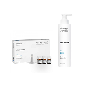 <b>LINIA TRICOLOGY, MESOESTETIC</b><br><br> Szampon Mesoestetic Tricology wzmacnia włosy, poprawia ich gęstość i objętość, rewitalizując skórę głowy. Zawiera ekstrakty roślinne, witaminy B i cynk, odpowiedni do każdego typu włosów. Lotion intensywnie hamujący wypadanie włosów stymuluje mieszki włosowe, poprawia mikrokrążenie i wzrost włosów, zawierając aloes, melatoninę oraz witaminy B. Regularne stosowanie poprawia kondycję włosów i skóry głowy.