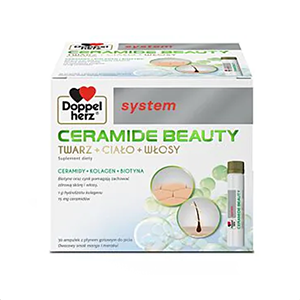 <b>DOPPELHERZ SYSTEM CERAMIDE BEAUTY</b><br><br> Suplement diety w płynie, dostępny w ampułkach, stworzony z myślą o kompleksowej pielęgnacji skóry, włosów i paznokci. Każda ampułka zawiera 1 g hydrolizowanego kolagenu i 15 mg ceramidów dla elastyczności i ochrony skóry. Wzbogacony o witaminę C, biotynę, cynk, niacynę, ryboflawinę, miedź i mangan – dla zdrowego wyglądu, prawidłowej produkcji kolagenu, ochrony przed stresem oksydacyjnym i mocnych włosów i paznokci. Smak mango-marakuja.