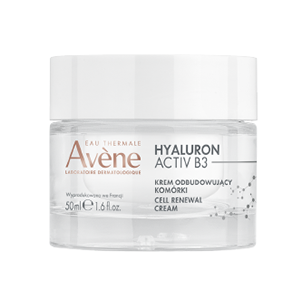 <b>KREM ODBUDOWUJĄCY KOMÓRKI HYALURON ACTIV B3, AVÈNE</b><br><br> Krem ze skoncentrowanymi składnikami aktywnymi: z 1,5% kwasu hialuronowego naturalnego pochodzenia i 6% niacynamidu. Formuła działa na przyczynę starzenia, stymulując regenerację i przedłużając żywotność komórek. Już po pierwszej aplikacji skóra jest wygładzona i promienna, a po dwóch tygodniach jędrniejsza i zregenerowana. Zawiera 92% składników naturalnych, ma aksamitną konsystencję, może stanowić bazę pod makijaż. Ekoprodukt w szklanym słoiczku z opcją uzupełnienia.