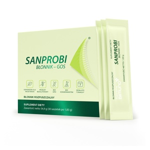 <b> SANPROBI Błonnik- GOS </b><br> Dystrybutor:  SANPROBI Sp. z o.o. Sp.k.  <br><br>  Suplement diety bogaty w błonnik, który przeznaczony jest do uzupełnienia diety i nie może być stosowany jako substytut zróżnicowanej diety. Przyjmowanie produktu nie zwalnia od przestrzegania zasad zdrowego stylu życia.  W codziennej diecie bardzo ważne jest wspieranie mikrobioty jelitowej. W tym celu stosuje się prebiotyki, które są źródłem pożywienia dla bakterii w przewodzie pokarmowym. Bardzo ważne jest też prowadzenie zdrowego trybu życia oparte na właściwej diecie i umiarkowanym wysiłku fizycznym. SANPROBI BŁONNIK – GOS to oparty na wynikach badań naukowych, bezsmakowy i bogaty w błonnik rozpuszczalny suplement diety, którego regularne stosowanie wspiera wzrost dobroczynnych bakterii w jelitach, w szczególności bifidobakterii.