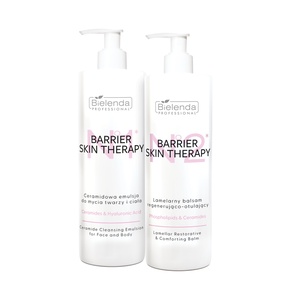 <b> Ceramidowa emulsja do mycia i Lameralny balsam regenerująco-otulający  </b><br> Dystrybutor:  Bielenda Professional  <br><br> Duet kosmetyków z linii Barrier Skin Therapy do pielęgnacji skóry wymagającej szczególnej troski. Ceramidowa Emulsja do Mycia twarzy i ciała delikatnie oczyszcza, nie naruszając bariery hydrolipidowej, a Lamelarny Balsam Regenerująco-Otulający intensywnie nawilża, koi i wspiera jej odbudowę. Biomimetyczne formuły bazują ceramidach i lipidach, które pomagają wzmacniać naturalne funkcje ochronne skóry, ograniczać utratę wody i przywracać jej równowagę. Produkty zostały opracowane zgodnie z zasadami onkokosmetyki, z myślą o potrzebach skóry osób w trakcie leczenia onkologicznego i rekonwalescencji. Sprawdzą się również w pielęgnacji skóry suchej, ultrawrażliwej, podrażnionej i z osłabioną barierą hydrolipidową, zapewniając jej komfort, ukojenie i wsparcie regeneracji.