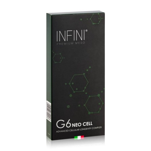 <b> Infini Premium Meso G6 Neo Cell  </b><br> Dystrybutor: Infini Polska  <br><br> Kompleks do intensywnej biorewitalizacji skóry twarzy, szyi i dekoltu. Formuła zawiera hialuronian sodu, glutation, pochodną niacynamidu, silanetriol, witaminy C i E oraz kompleks witamin B, wspierając nawilżenie, regenerację, ochronę antyoksydacyjną oraz poprawę jędrności i elastyczności skóry. Preparat wspomaga odnowę komórkową, poprawia strukturę skóry i redukuje widoczność drobnych linii oraz zmarszczek.